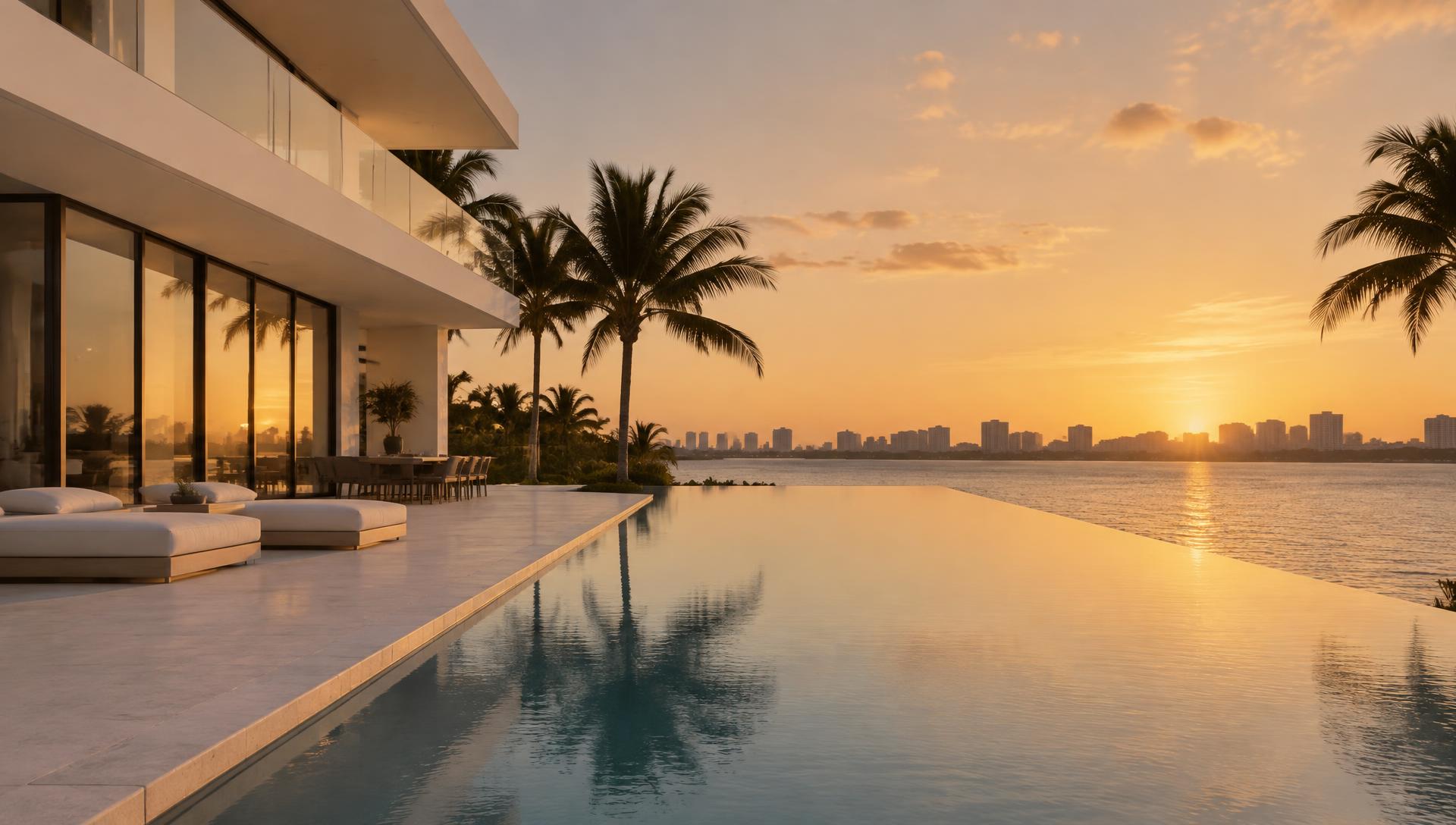 Arquitectura frente al mar en Miami al atardecer (referencia visual)