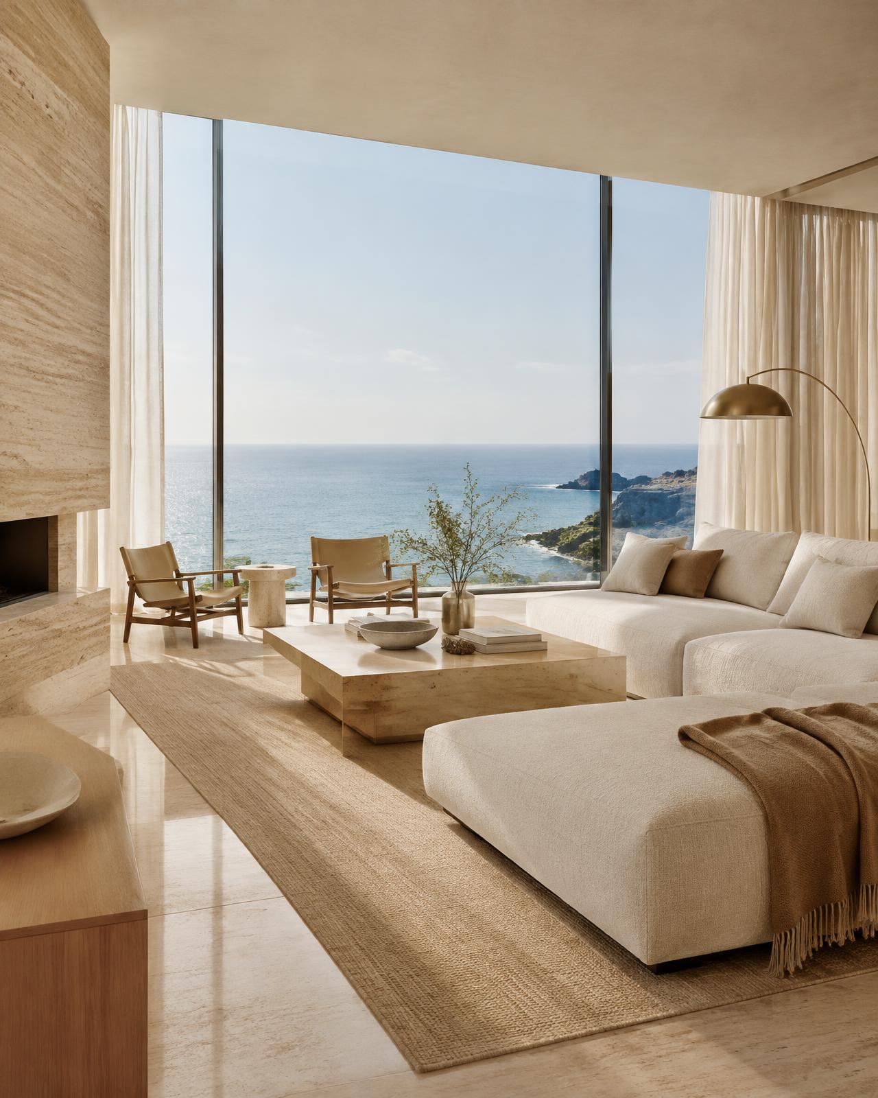 Interior moderno con vista al mar (referencia visual)